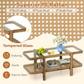 2-Tier Rattan Coffee Table, 47.5" Solid Wood Rectangle Tea Table with Tempered Glass Top & Storage Shelf, Farmhouse Boho Center Table for Living Room