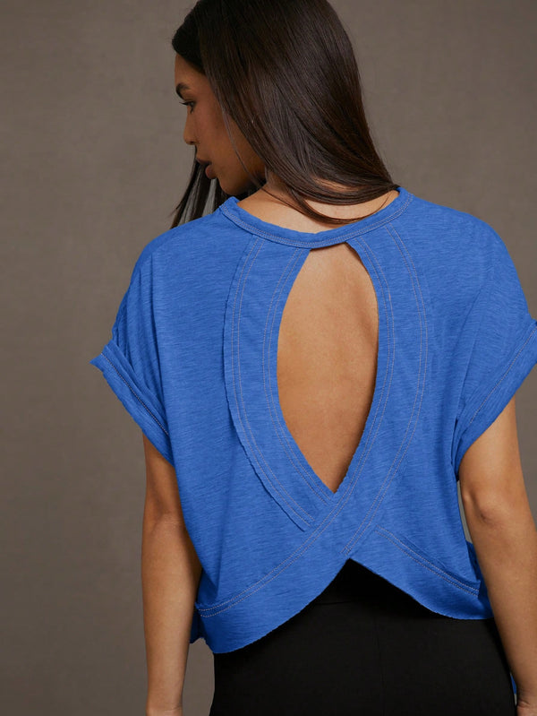 SHEIN Essnce Women's Solid Color Crew Neck Batwing Short Sleeve Hollow Out Back Casual T-Shirt