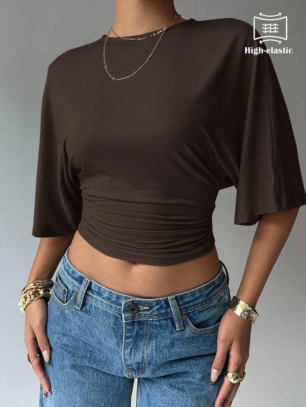 Aloruh Casual Solid Color Batwing Sleeve Cropped T-Shirt, Summer,Brown Top Formal Occasion, Special Re-Wearable Butterfly Comfortable Soft Breathable