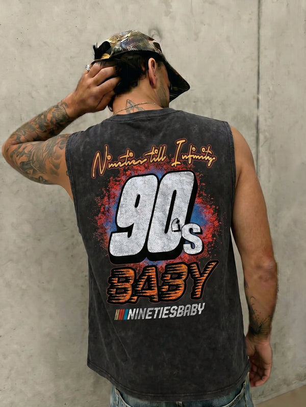 FRACTYR Men's Summer Casual Street Fashion "90s BABY" Racing Print Washed Tank Top | Must-Have Retro Street Style Item