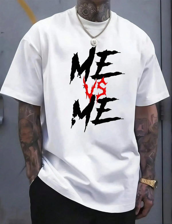 1pc Man S' Me Vs Me Letter Print White TShirt, Crew Neck, Casual Cotton Tee, Medium Stretch Knit Fabric, Regular Fit For Boys& Man, Perfect For Spring/Summer/Fall