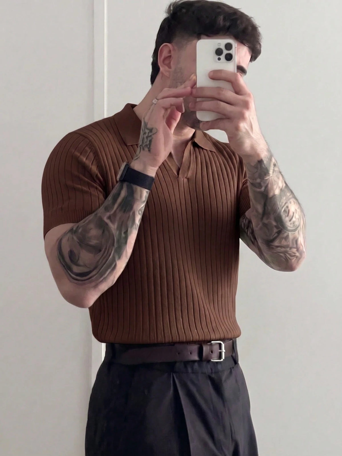 Men's Ribbed Airplane Collar Polo Knit Shirt, Short Sleeve, Summer Fashion