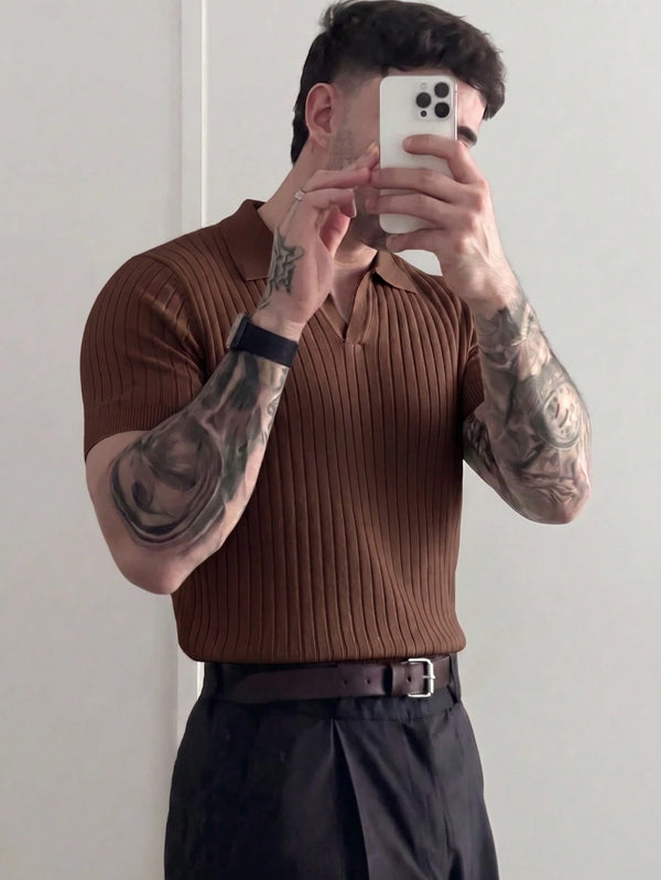 Men's Ribbed Airplane Collar Polo Knit Shirt, Short Sleeve, Summer Fashion