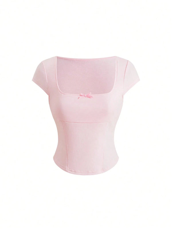 Sweetness Y2K Vintage Sweet Hot Girl Deep U-Neck Waist-Cinched Elastic Top Women's T-Shirt, Suitable For Valentine's Day, Dating, Vacation And More