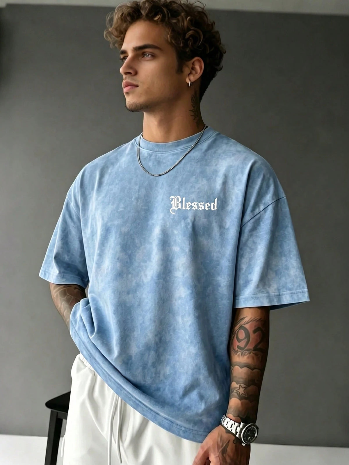 GRDR Men's Retro American Style Minimalist Letter Washed Round Neck Short Sleeve T-Shirt, Comfortable & Breathable For Summer