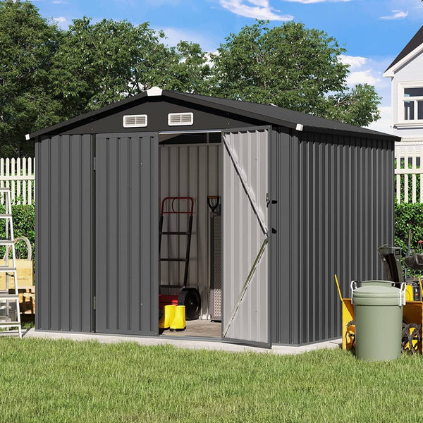Outdoor Storage Shed, 8'x6' Galvanized Metal Steel Weather Resistant Garden Shed for Bike, Garbage Can, LawnMower, Tool Storage Shed w/Lock, for