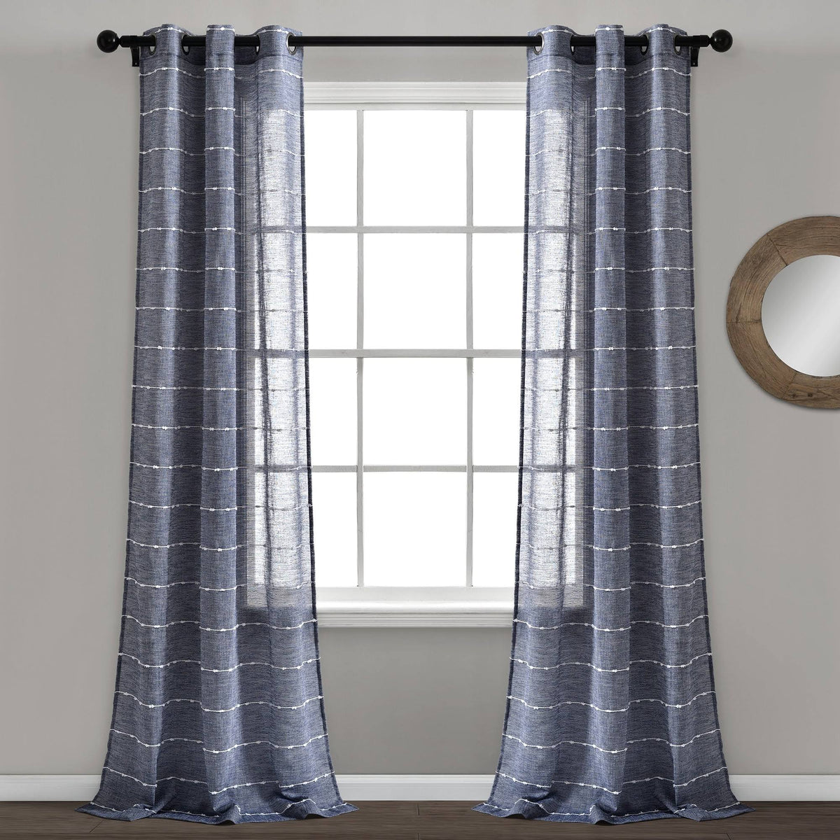 Lush Decor Farmhouse Textured Grommet Sheer Window Curtain Panels Navy 38x84 Set