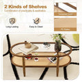 2-Tier Oval Boho Coffee Table with Tempered Glass Top, Rattan Shelf & Acacia Wood Frame, Mid Century Modern Center Table for Living Room Office