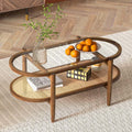 2-Tier Oval Boho Coffee Table with Tempered Glass Top, Rattan Shelf & Acacia Wood Frame, Mid Century Modern Center Table for Living Room Office