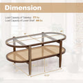 2-Tier Oval Boho Coffee Table with Tempered Glass Top, Rattan Shelf & Acacia Wood Frame, Mid Century Modern Center Table for Living Room Office