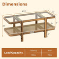 2-Tier Rattan Coffee Table, 47.5" Solid Wood Rectangle Tea Table with Tempered Glass Top & Storage Shelf, Farmhouse Boho Center Table for Living Room
