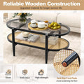 2-Tier Oval Boho Coffee Table with Tempered Glass Top, Rattan Shelf & Acacia Wood Frame, Mid Century Modern Center Table for Living Room Office
